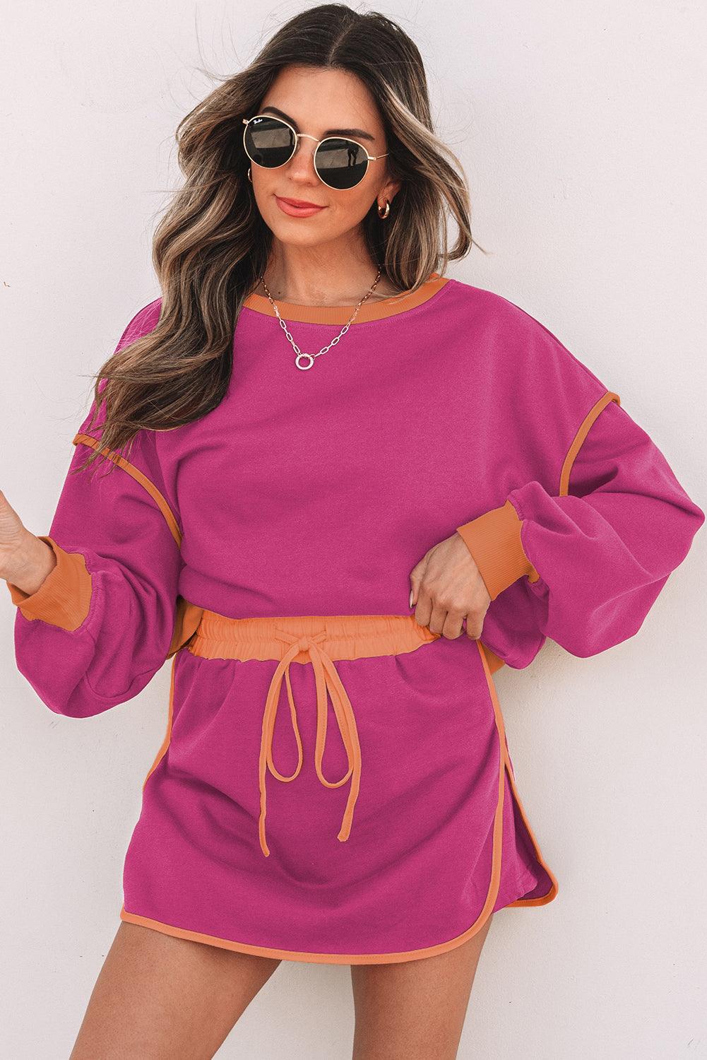 Rose Red Color Contrast Loose Pullover and Lace-up Waist Skort Set - Curated by tt