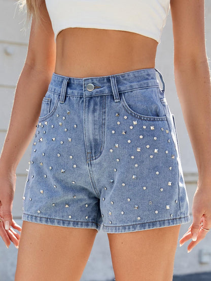 Rhinestone Washed High Waist Denim Shorts - Curated by tt