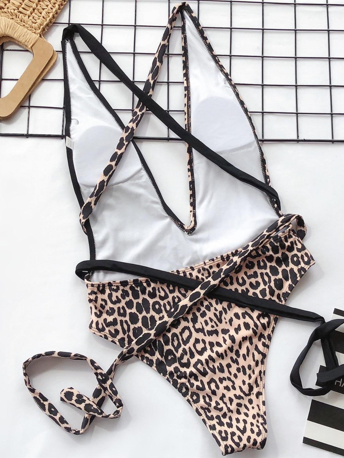 Tied Leopard Plunge One-Piece Swimwear - Curated by tt
