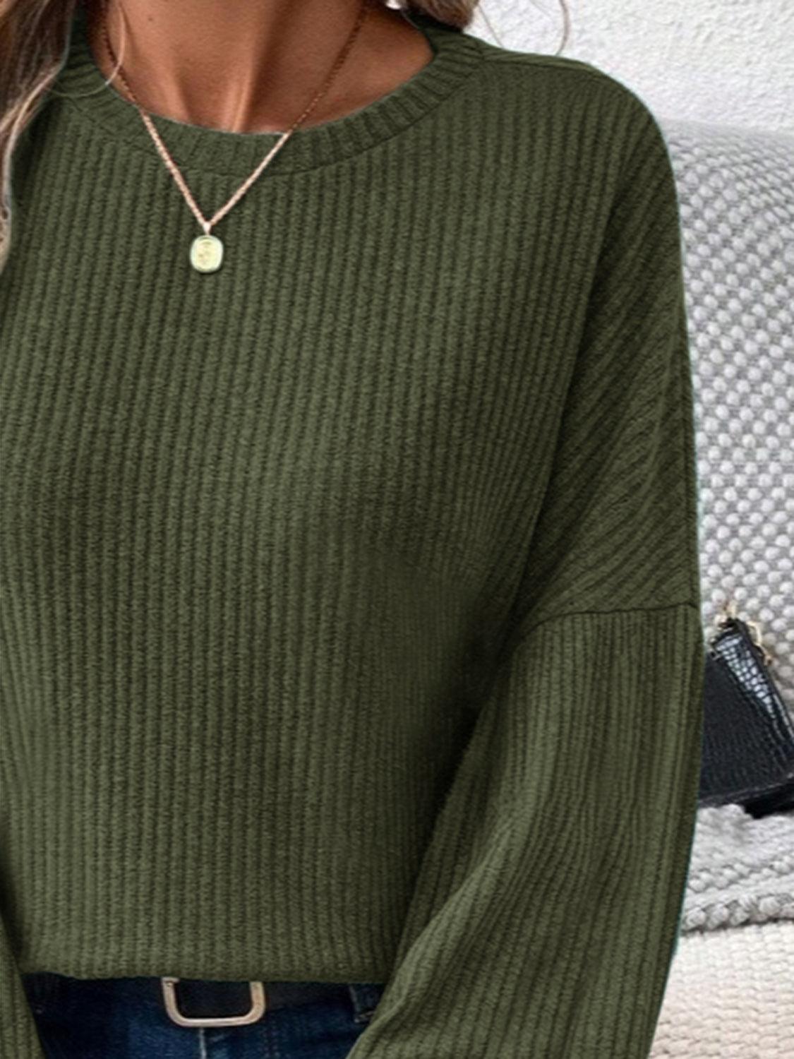 Ribbed Round Neck Lantern Sleeve T-Shirt - Curated by tt