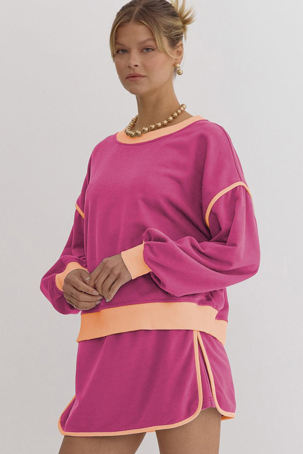 Rose Red Color Contrast Loose Pullover and Lace-up Waist Skort Set - Curated by tt