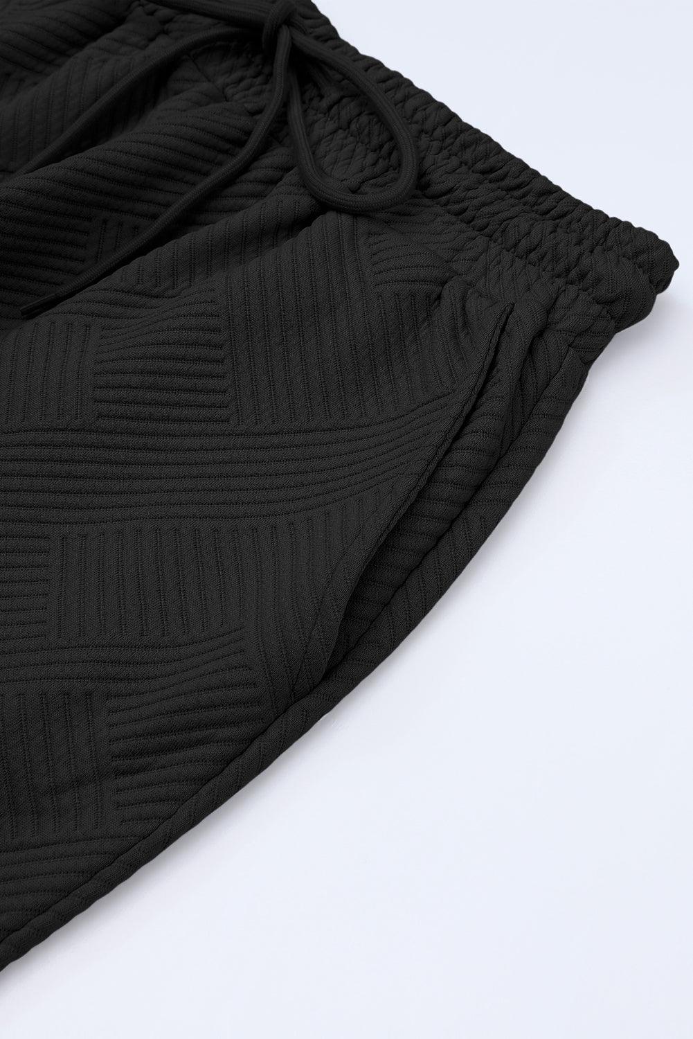Black Textured Loose Fit T Shirt and Drawstring Pants Set - Curated by tt