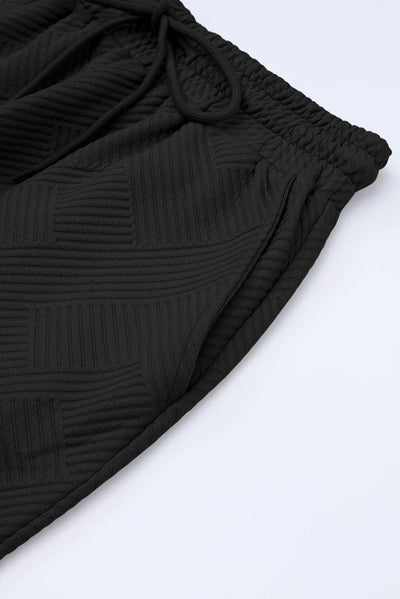 Black Textured Loose Fit T Shirt and Drawstring Pants Set - Curated by tt