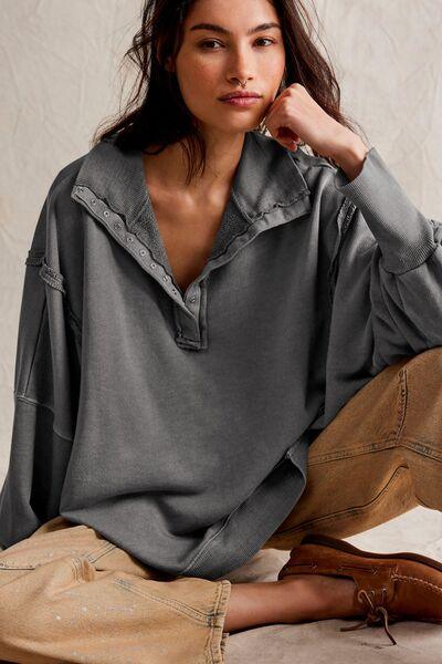 Exposed Seam Side Slit Long Sleeve Sweatshirt - Curated by tt