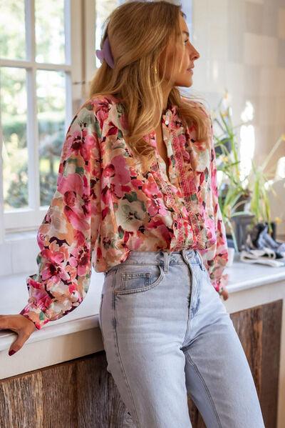 Frill Floral Button Down Long Sleeve Shirt - Curated by tt