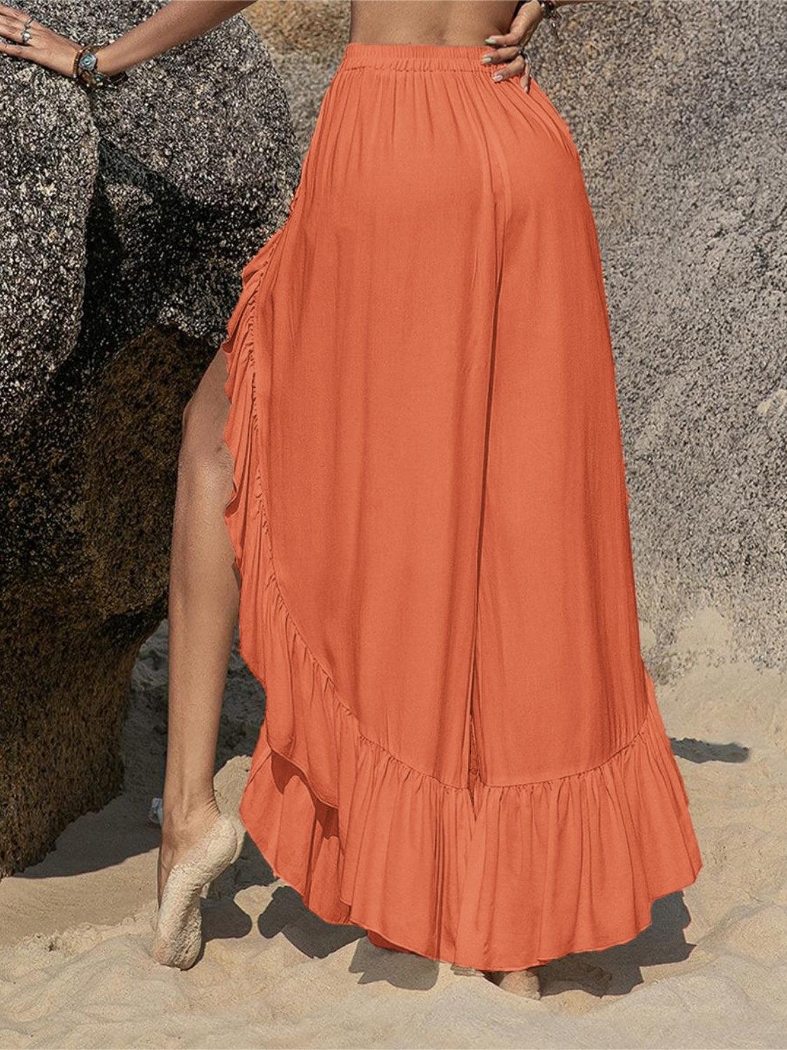 Ruffled Slit Wide Leg Pants - Curated by tt