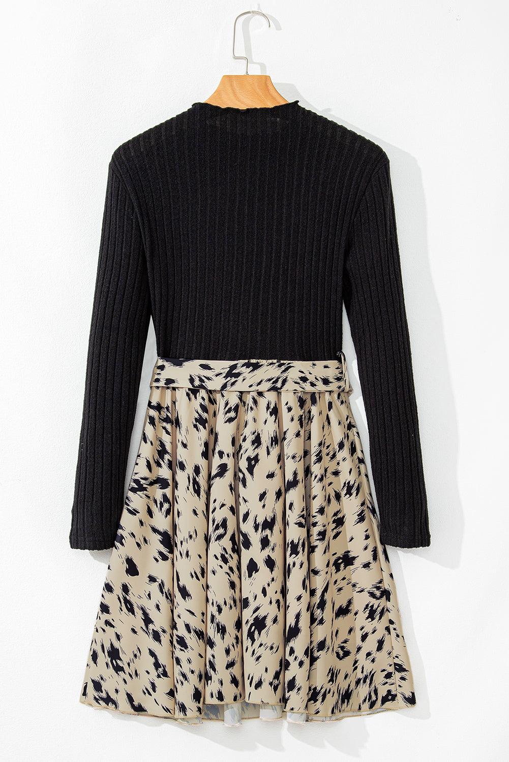 Black Ribbed Knit Printed Dress - Curated by tt