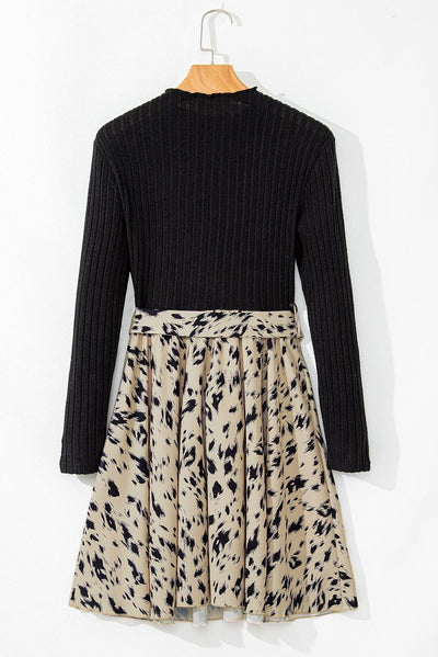 Black Ribbed Knit Printed Dress - Curated by tt