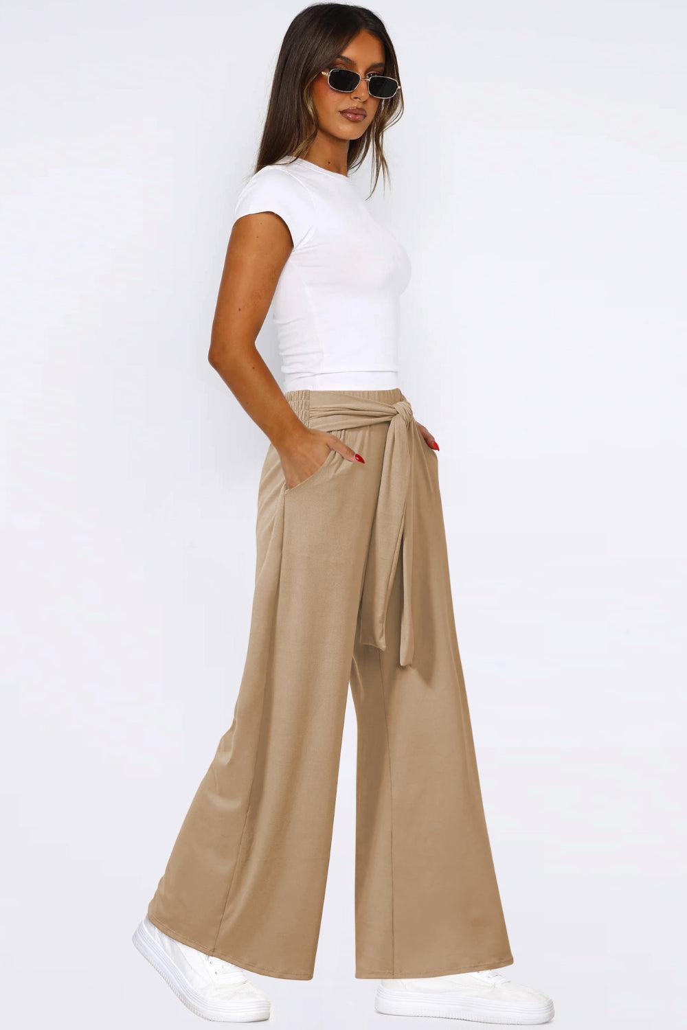 Tied Pocketed Wide Leg Pants - Curated by tt