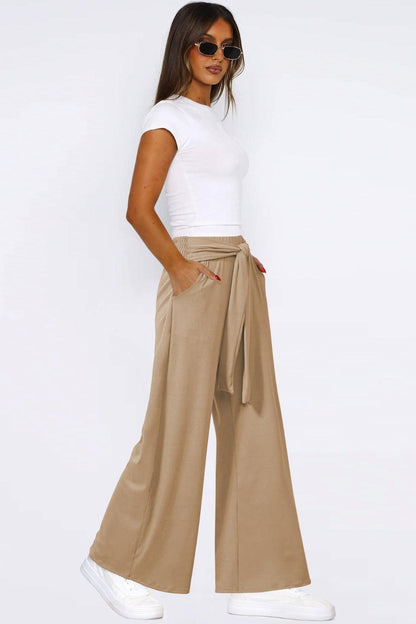 Tied Pocketed Wide Leg Pants - Curated by tt