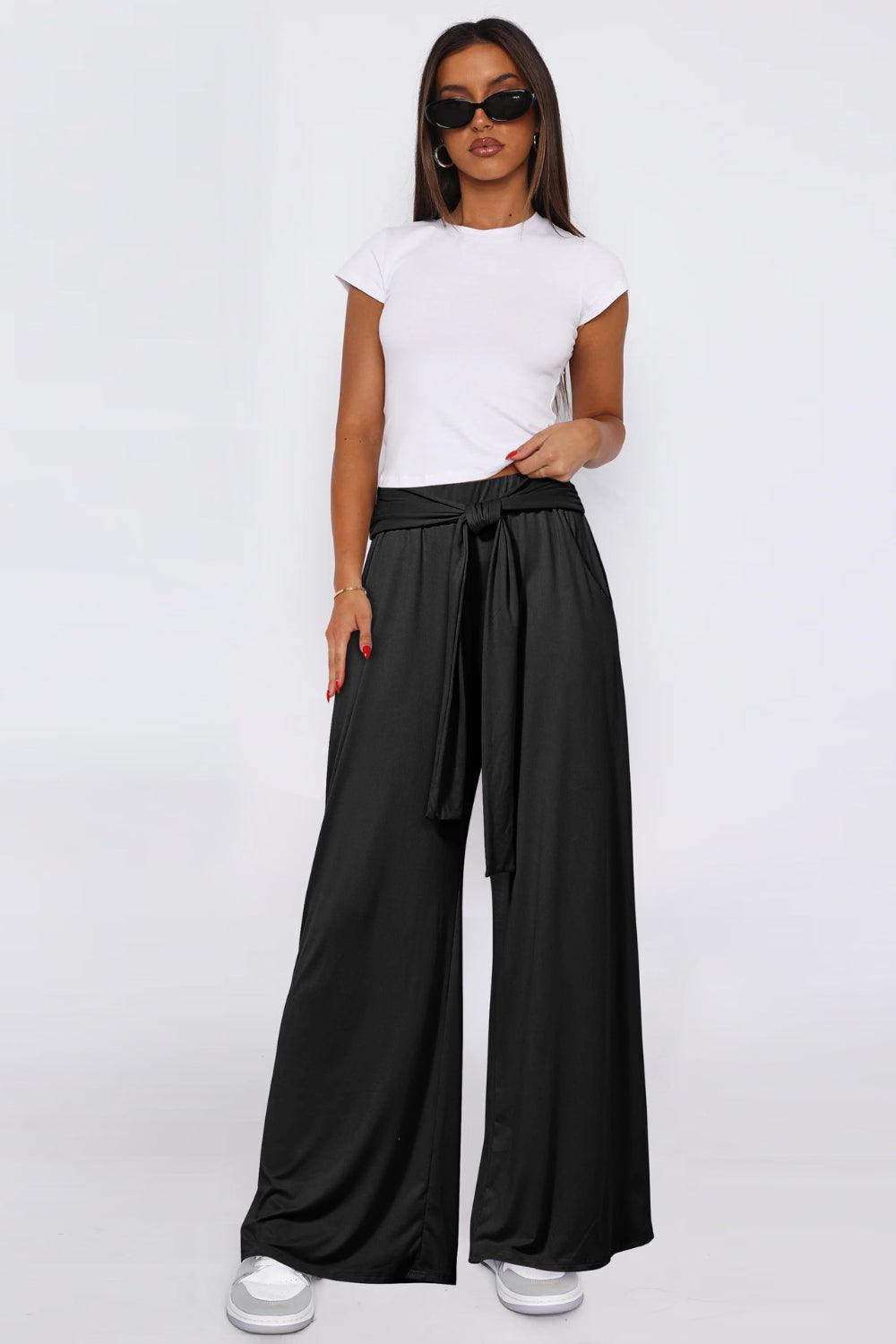 Tied Pocketed Wide Leg Pants - Curated by tt