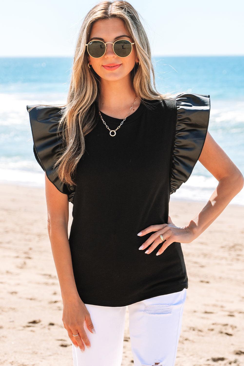 Black Leather Ruffle Sleeve Tee - Curated by tt