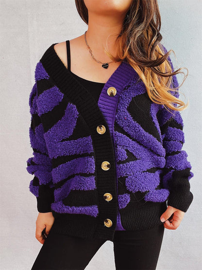 Contrast Button Up Long Sleeve Cardigan - Curated by tt