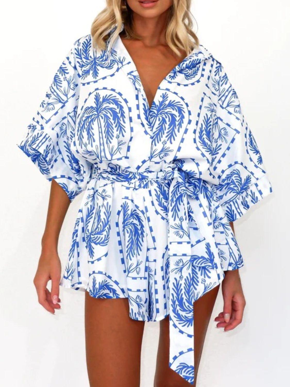 Printed Tie Waist Half Sleeve Romper - Curated by tt