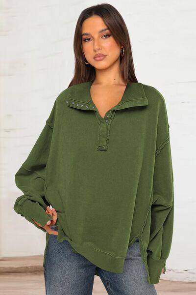 Exposed Seam Side Slit Long Sleeve Sweatshirt - Curated by tt