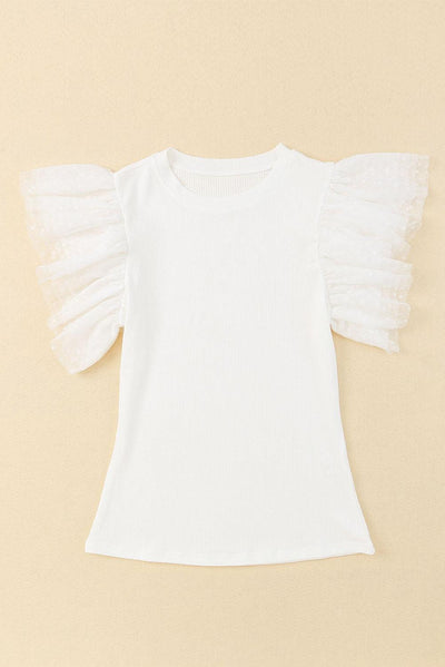 Ruffled Round Neck Cap Sleeve Blouse - Curated by tt