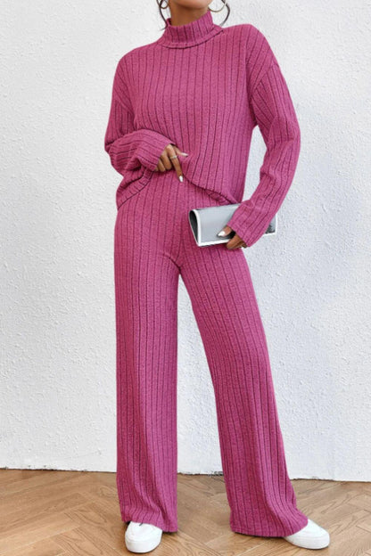 Mock Neck Dropped Shoulder Top and Pants Set - Curated by tt