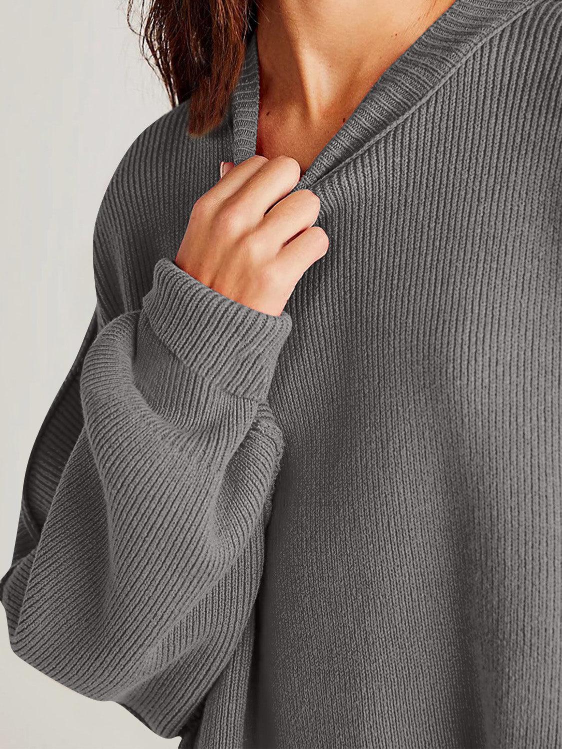 Double Take Side Slit Round Neck Long Sleeve Sweater - Curated by tt