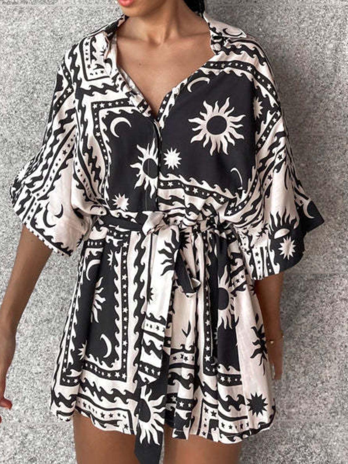 Printed Tie Waist Half Sleeve Romper - Curated by tt