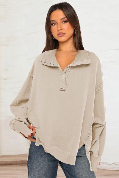 Exposed Seam Side Slit Long Sleeve Sweatshirt - Curated by tt