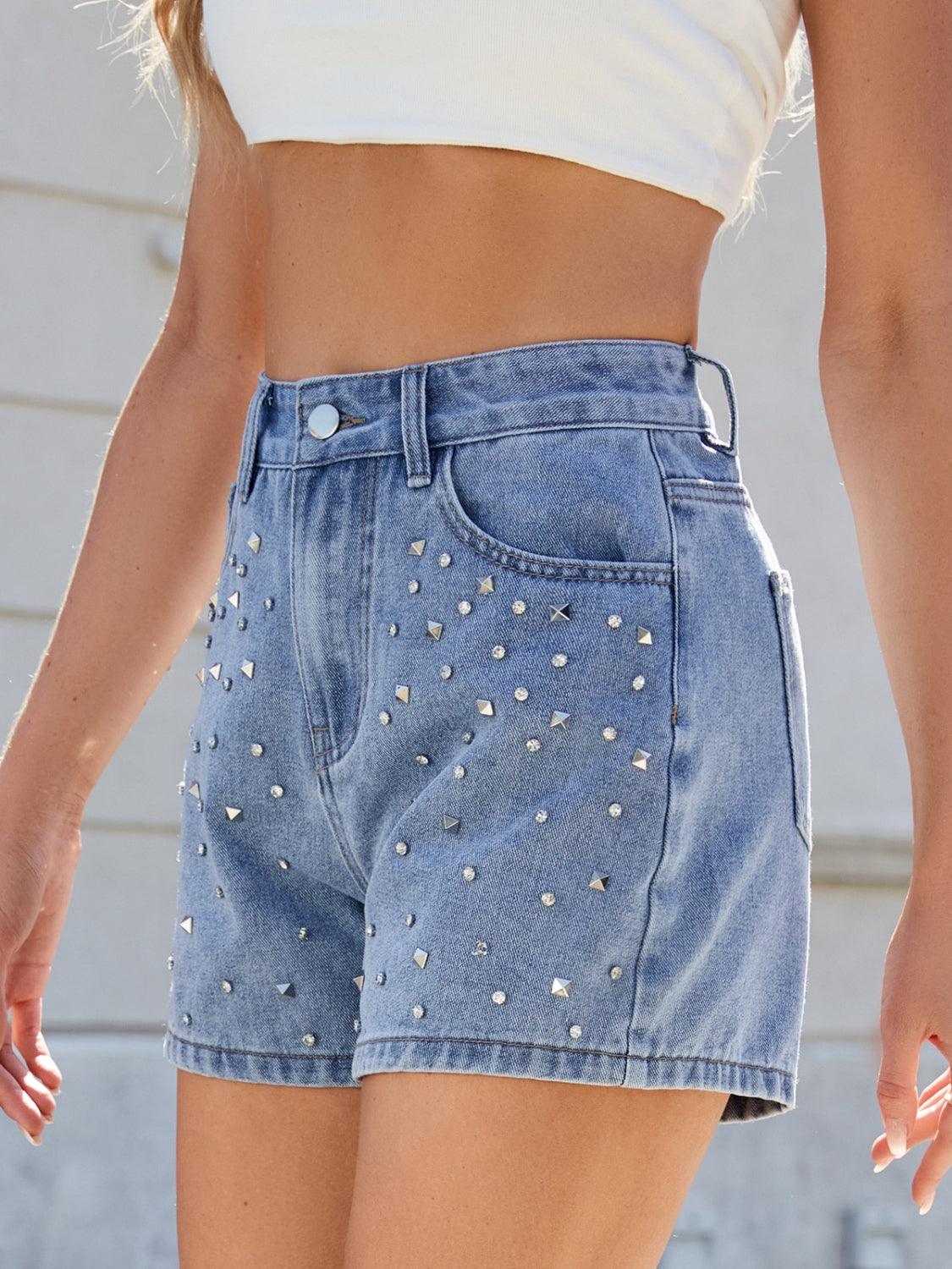 Rhinestone Washed High Waist Denim Shorts - Curated by tt