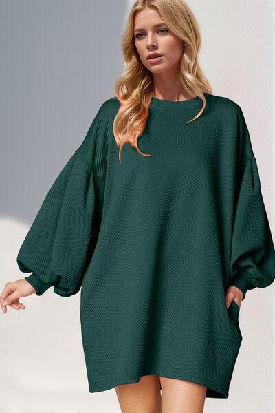 Double Take Drop Shoulder Lantern Sleeve Texture Mini Dress with Pockets - Curated by tt