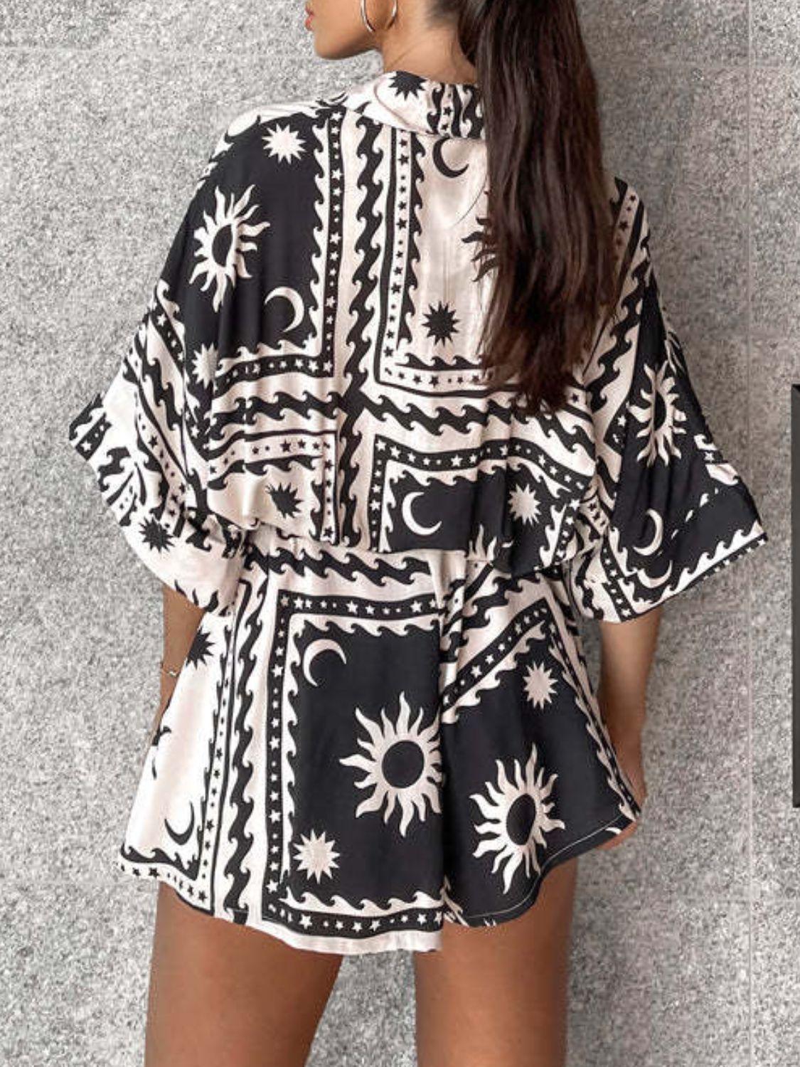 Printed Tie Waist Half Sleeve Romper - Curated by tt