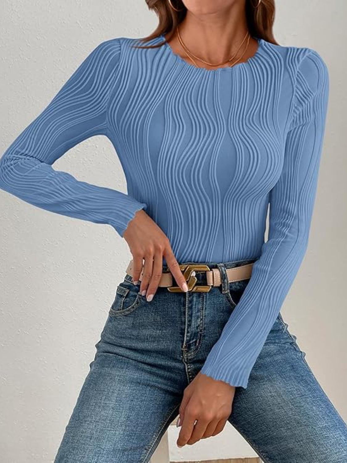 Textured Round Neck Long Sleeve Top - Curated by tt