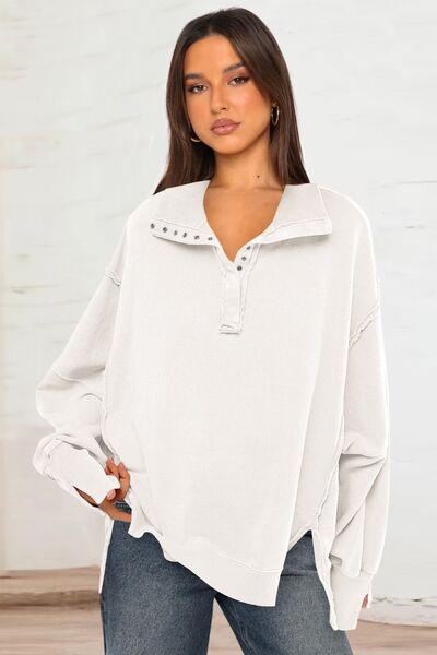 Exposed Seam Side Slit Long Sleeve Sweatshirt - Curated by tt