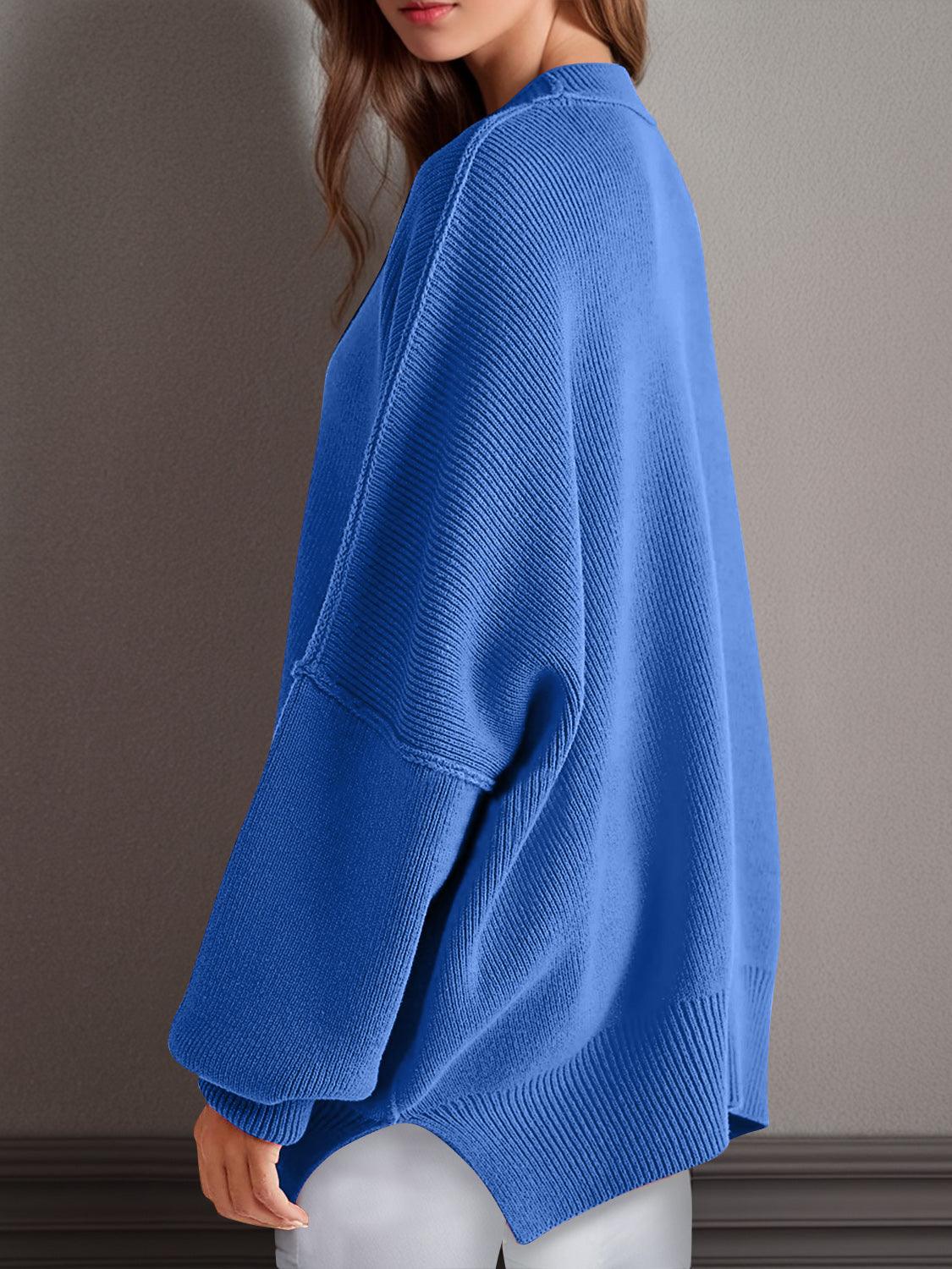 Double Take Side Slit Round Neck Long Sleeve Sweater - Curated by tt