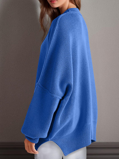 Double Take Side Slit Round Neck Long Sleeve Sweater - Curated by tt