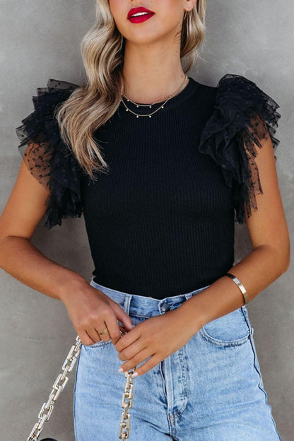 Ruffled Round Neck Cap Sleeve Blouse - Curated by tt