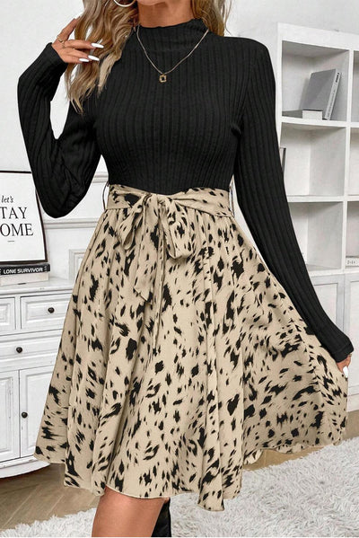 Black Ribbed Knit Printed Dress - Curated by tt