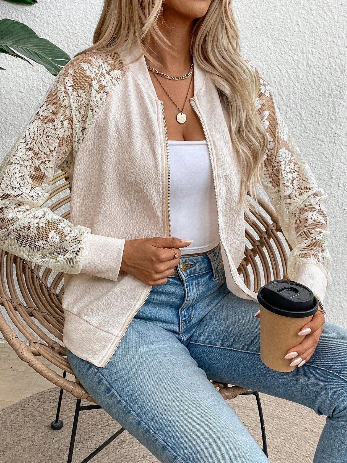 Lace Baseball Collar Zip Up Jacket - Curated by tt
