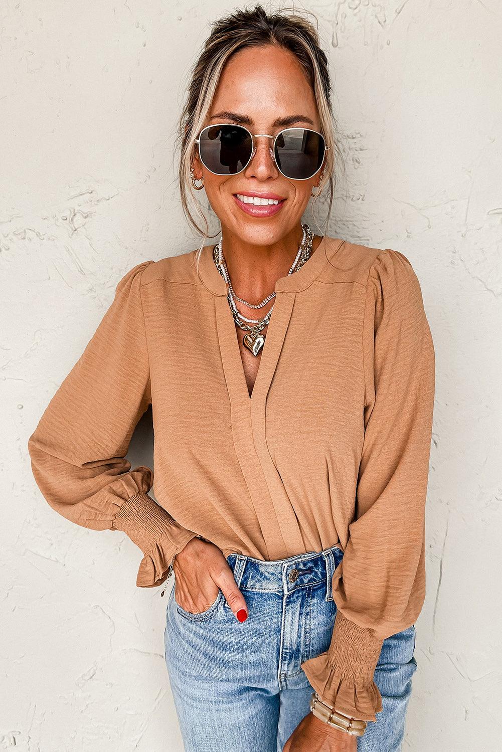 Straw Yellow Solid Color Shirred Cuff Notch V Neck Blouse - Curated by tt