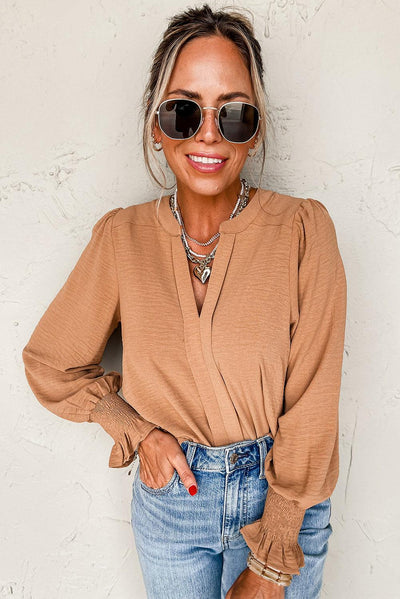 Straw Yellow Solid Color Shirred Cuff Notch V Neck Blouse - Curated by tt