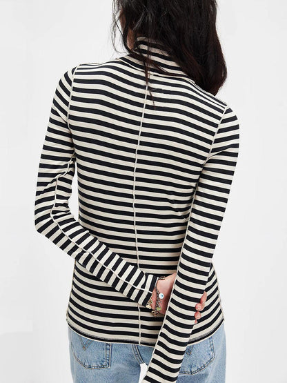 Exposed Seam Striped Turtleneck Long Sleeve T-Shirt - Curated by tt