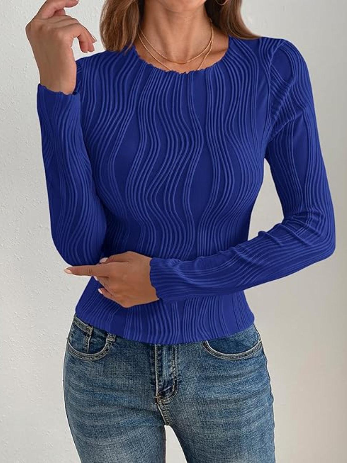 Textured Round Neck Long Sleeve Top - Curated by tt