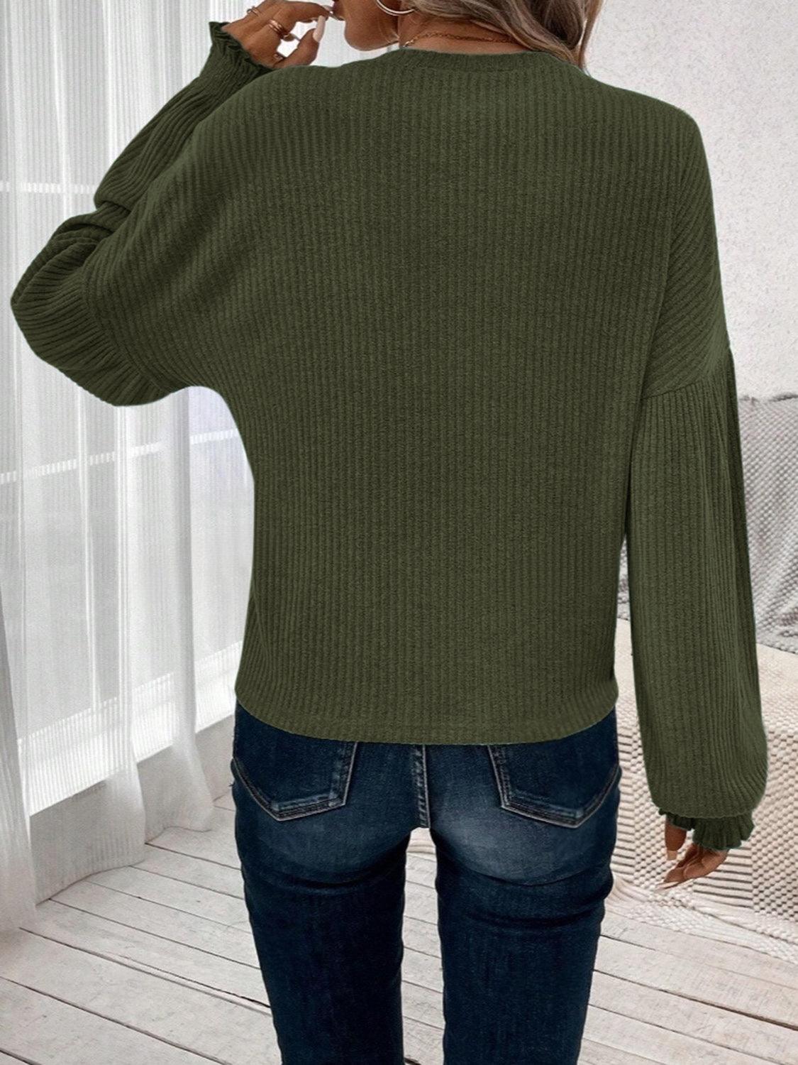Ribbed Round Neck Lantern Sleeve T-Shirt - Curated by tt