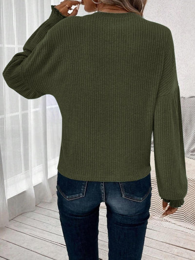 Ribbed Round Neck Lantern Sleeve T-Shirt - Curated by tt