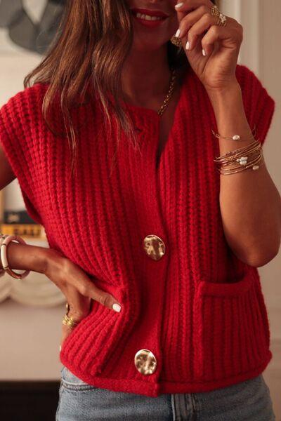Button Down Sweater Vest with Pockets - Curated by tt