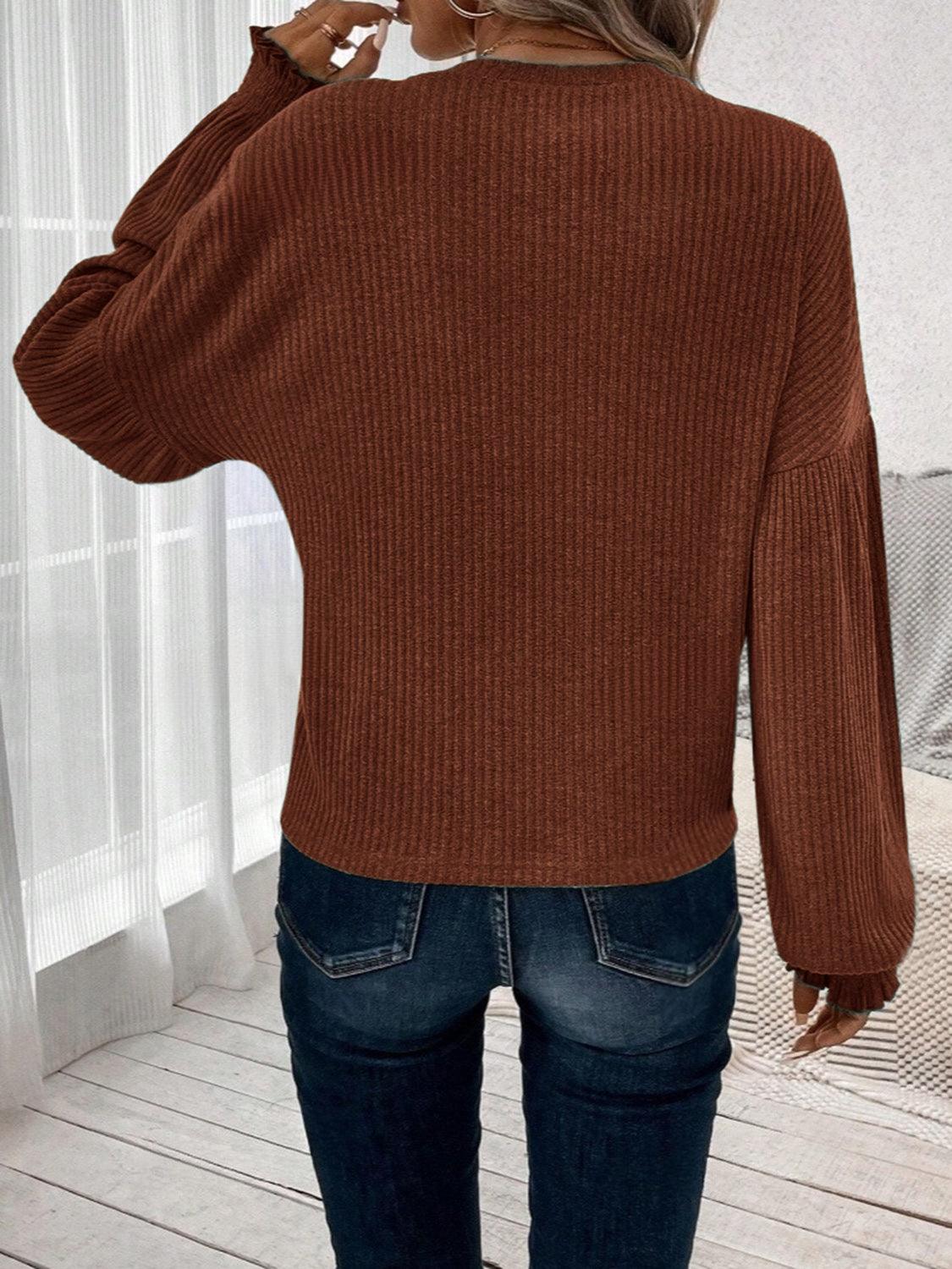 Ribbed Round Neck Lantern Sleeve T-Shirt - Curated by tt