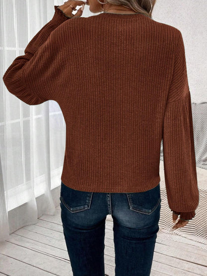 Ribbed Round Neck Lantern Sleeve T-Shirt - Curated by tt