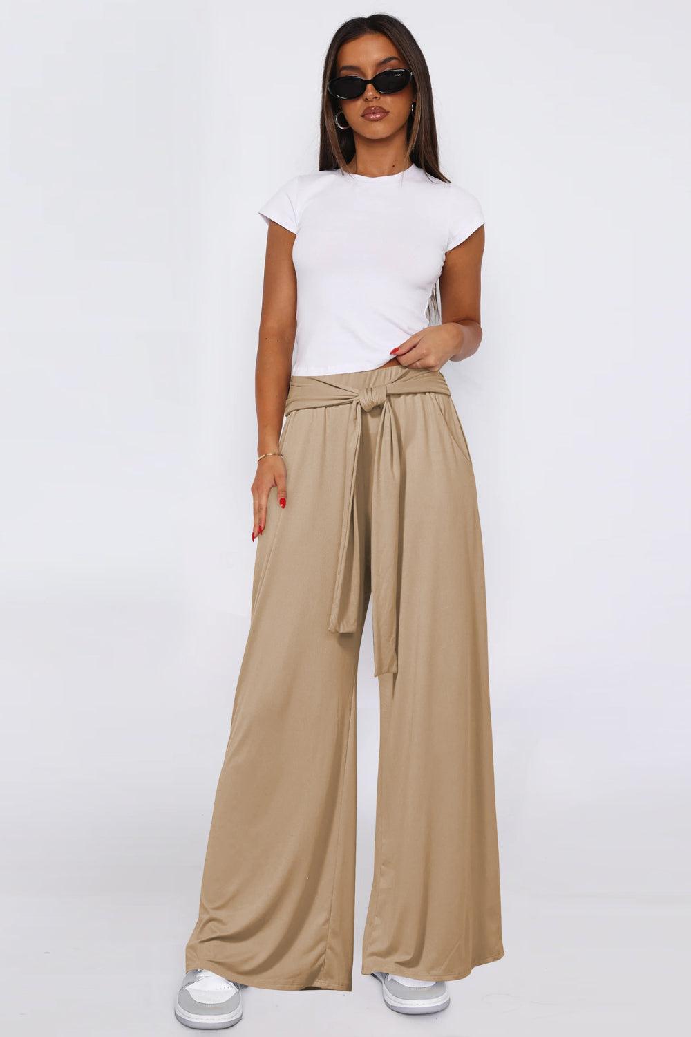 Tied Pocketed Wide Leg Pants - Curated by tt