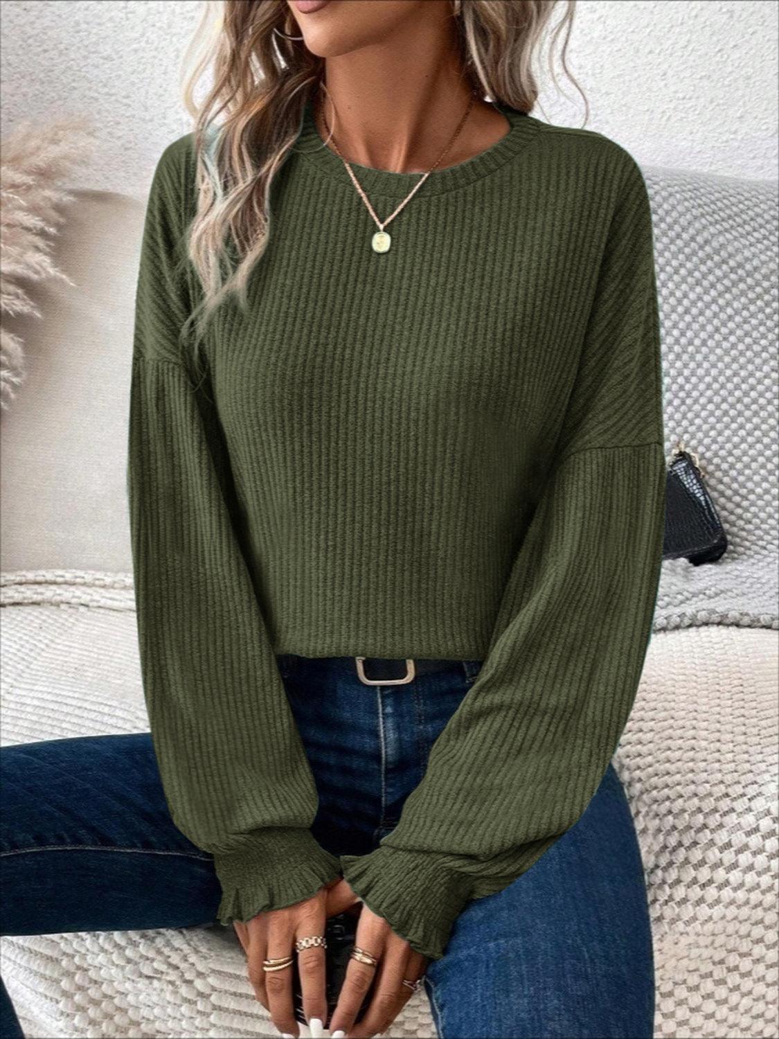 Ribbed Round Neck Lantern Sleeve T-Shirt - Curated by tt