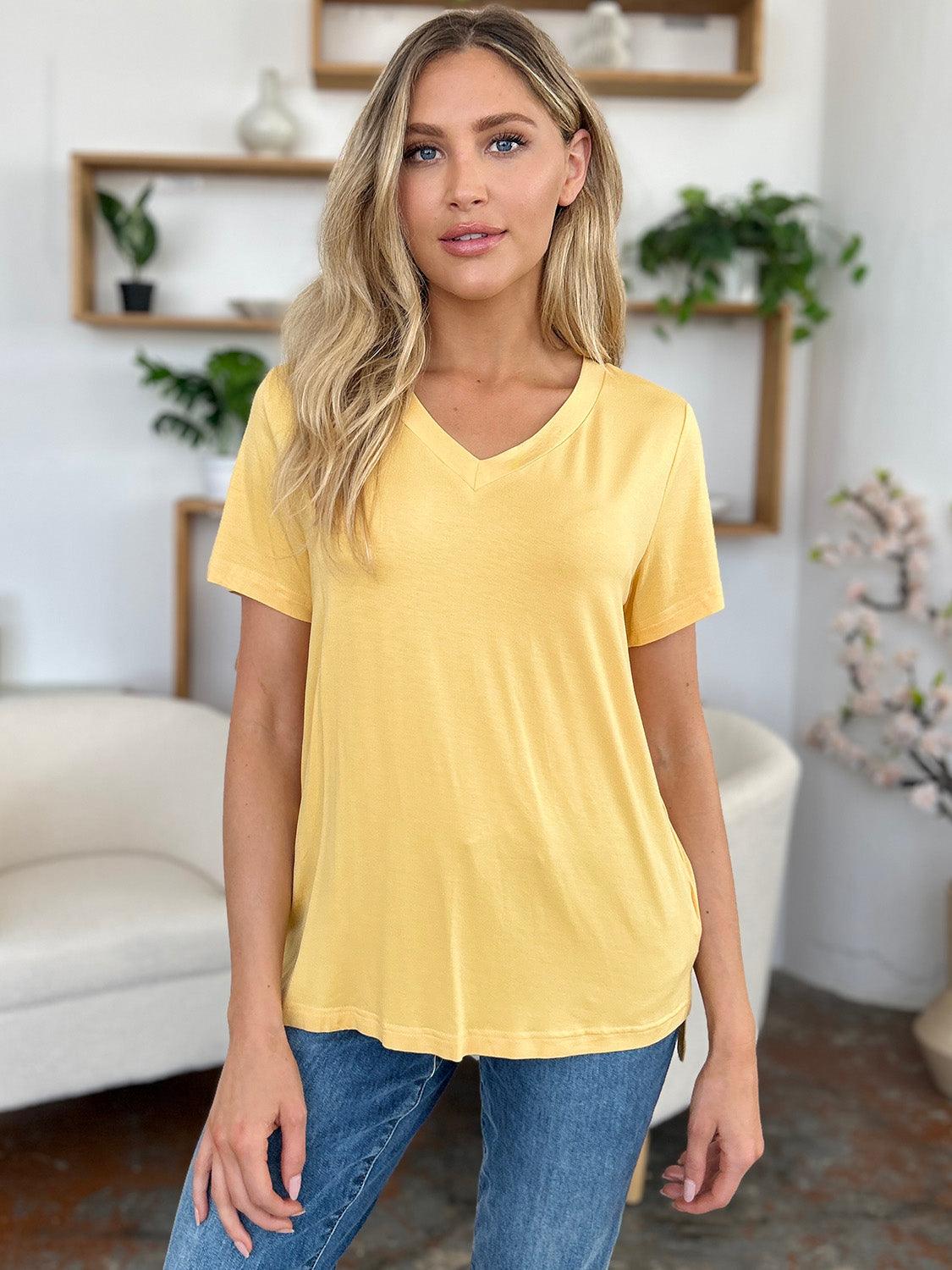 Basic Bae Bamboo Full Size V-Neck High-Low T-Shirt - Curated by tt