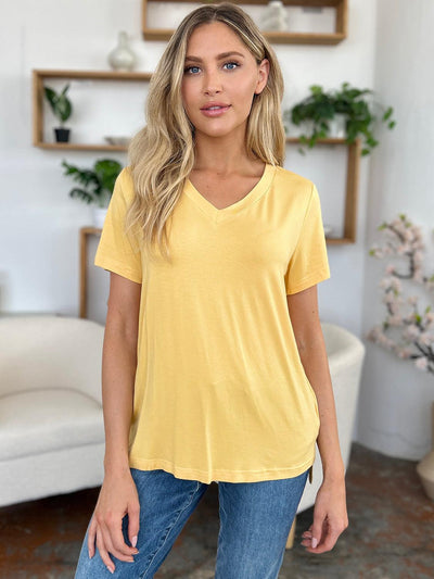 Basic Bae Bamboo Full Size V-Neck High-Low T-Shirt - Curated by tt