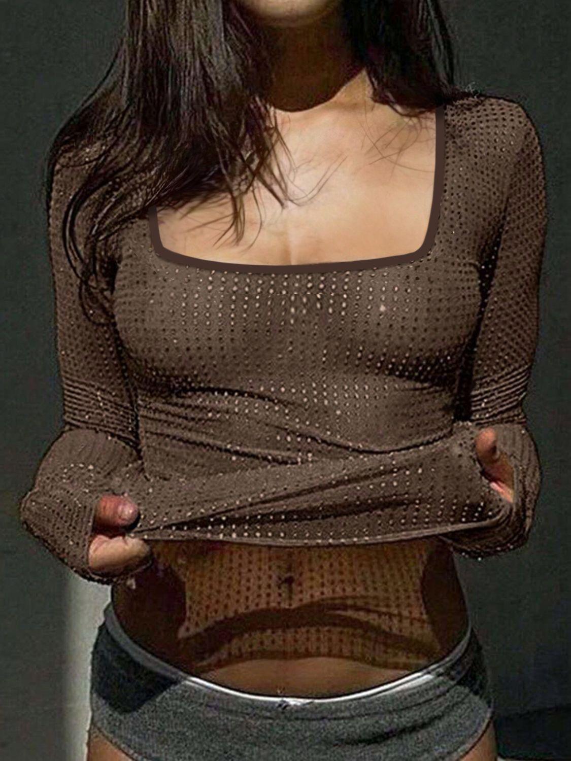 Square Neck Long Sleeve Eyelet T-Shirt - Curated by tt