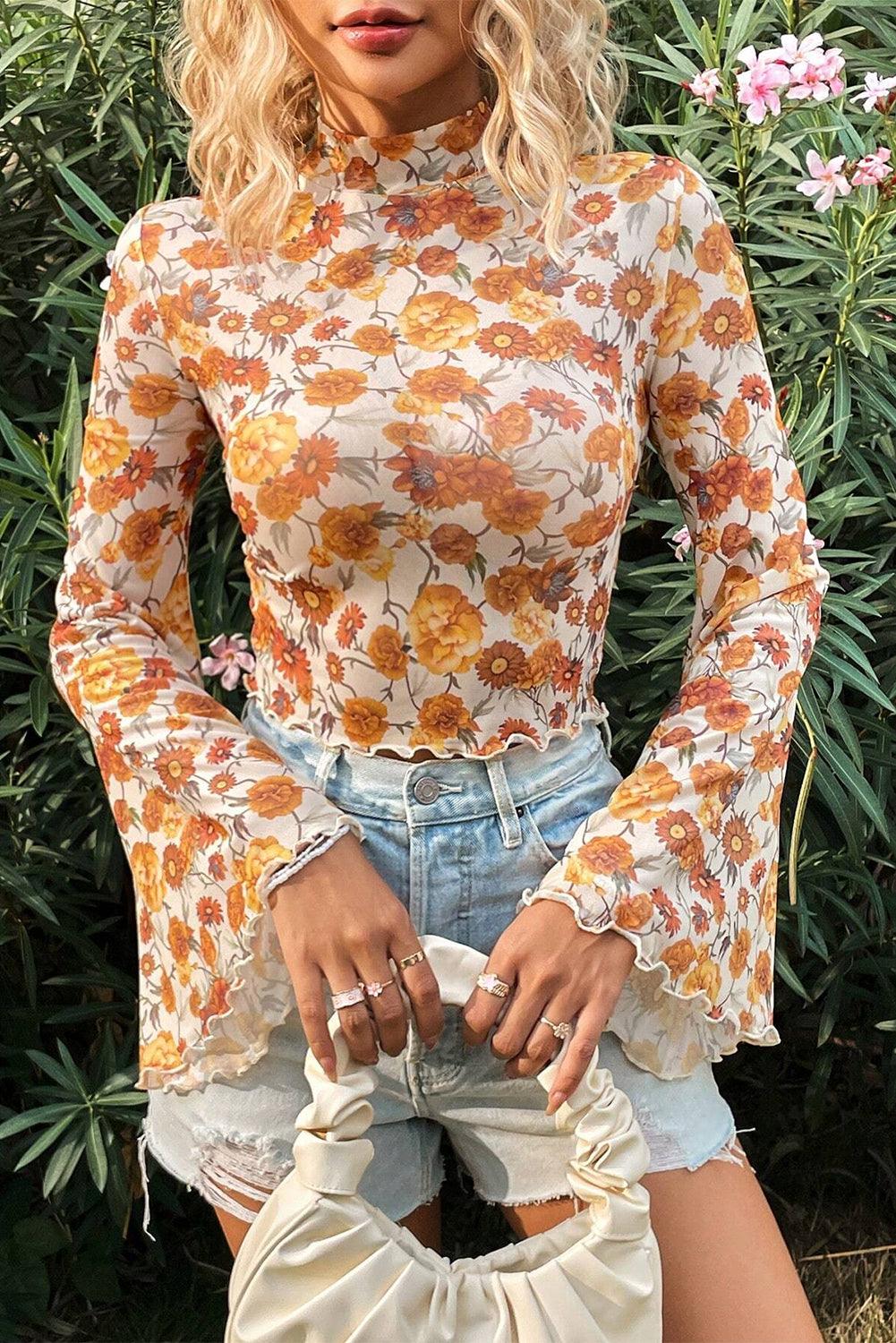 Floral Printed Bell Sleeve Blouse - Curated by tt