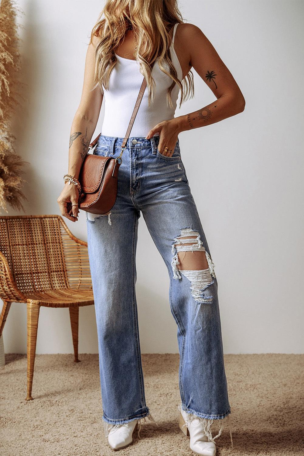 Ashleigh Blue Distressed Raw Hem Straight Leg High Waist Jeans - Curated by tt